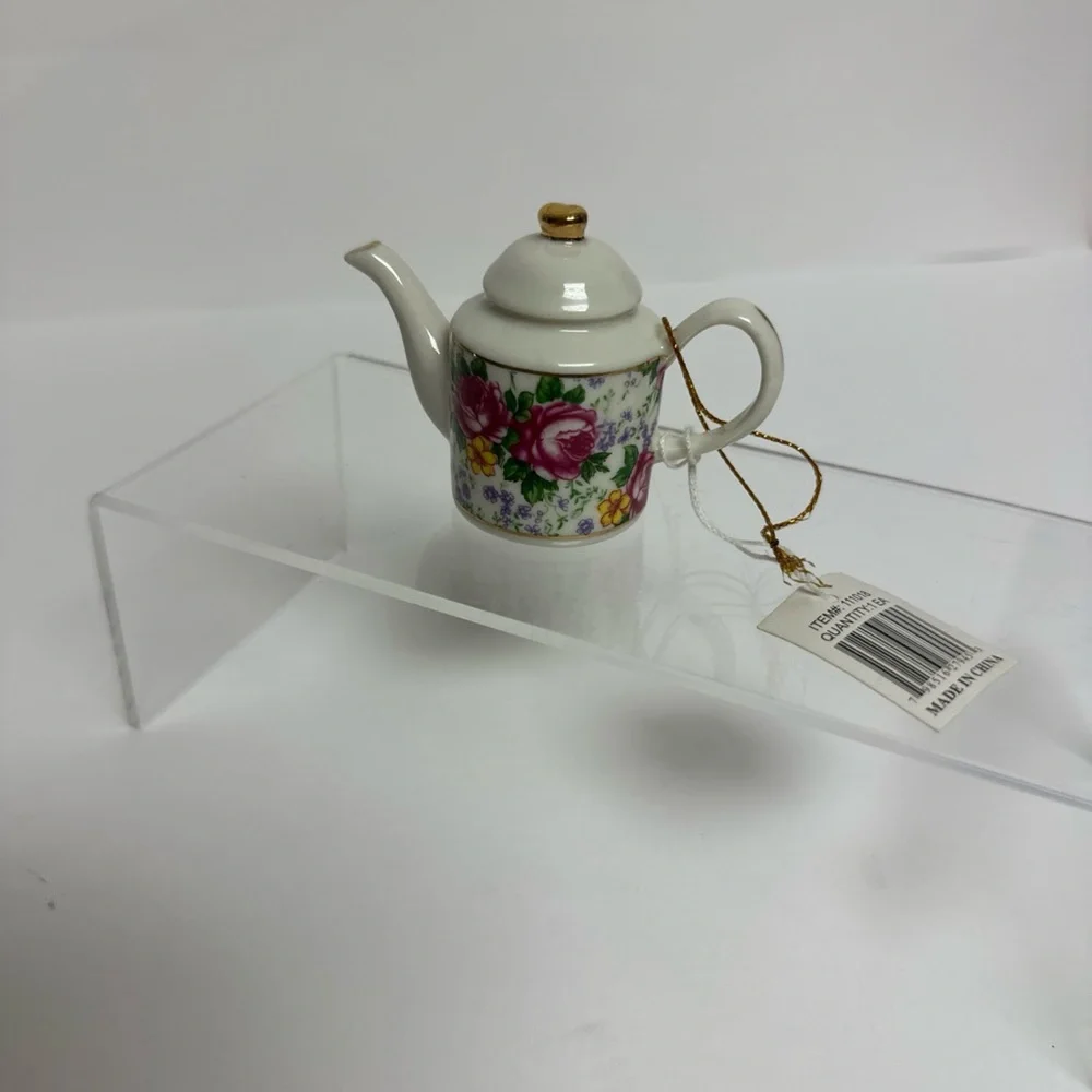 Mini Tea Pot 3” Decorative Floral Design Gold Trim Cottage Core